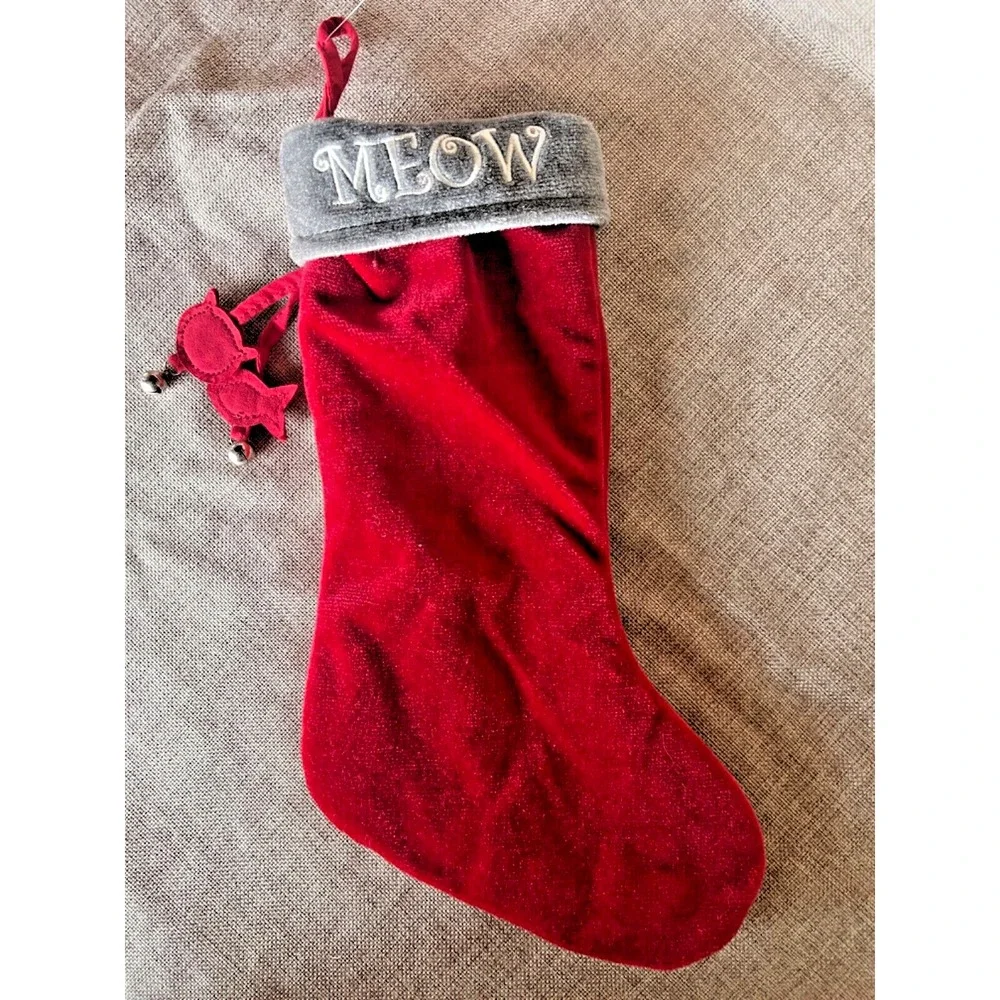 Christmas‎ Stocking Meow Pet Cat Kitty Kitten Red Silver Fish Bells Velvet 15
